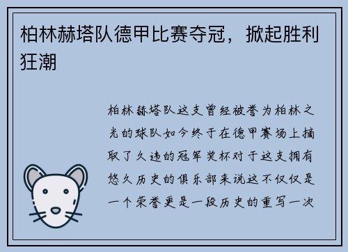 柏林赫塔队德甲比赛夺冠，掀起胜利狂潮